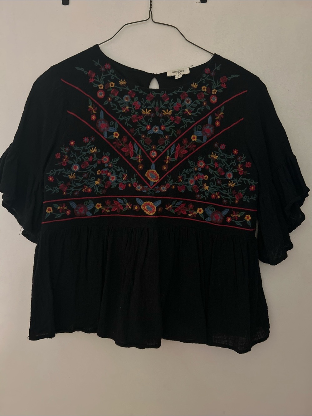 Embroidered Black Peasant Blouse with Floral Detail